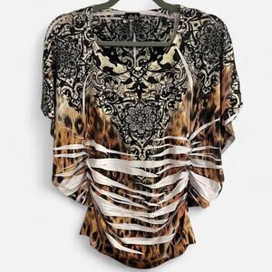 Vintage 2000s Y2K DEB Shops Floral Animal Print McBling Top